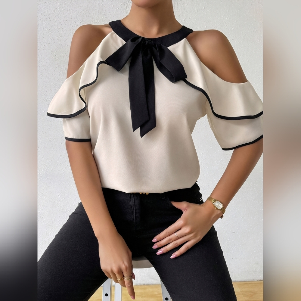 Elegant Cream and Black Off-Shoulder Top A Just Jen Fav!!